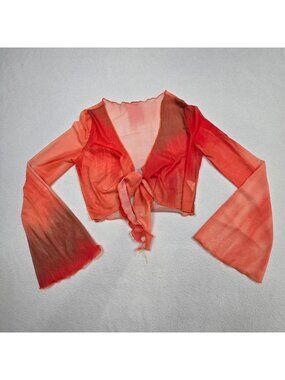 Orange Tie-Front Sheer Bell Sleeeve Small Mesh Blouse Festival Boho Rave